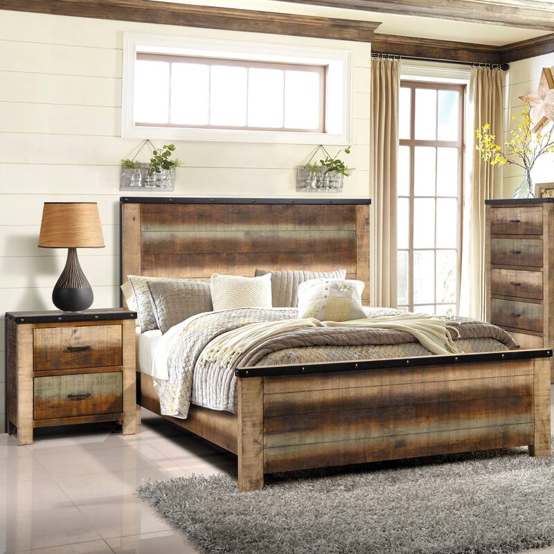 Rustic Reclaimed Design Wood Panel Bed with Nightstand