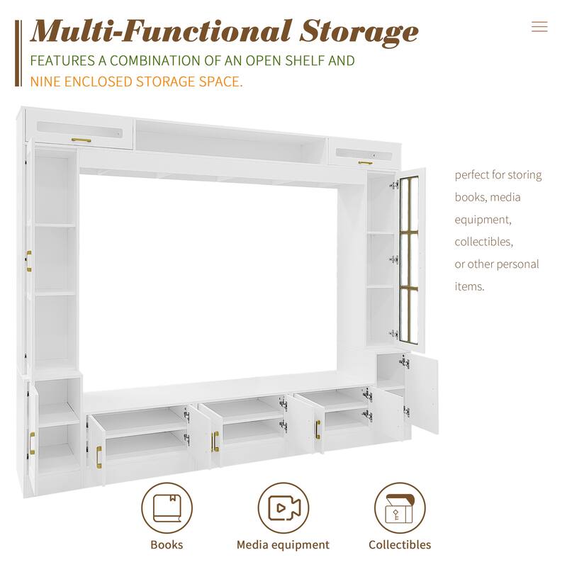 98.4'' Wall Unit Entertainment Center for TVs up to 80'', Modern Media Console with Bookshelves, Glass Doors & Cabinets