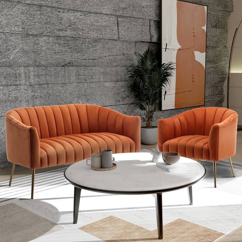 SEYNAR Velvet Upholstered Accent Chair and Loveseat Set - Orange