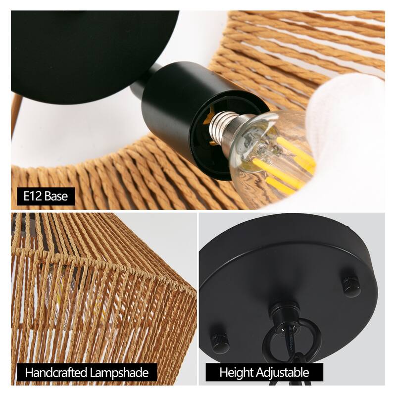 Bohemian Hemp Rope Chandelier, Handmade Farmhouse Chandelier, Height Adjustable, for Dining Room, Living Room and Bedroom