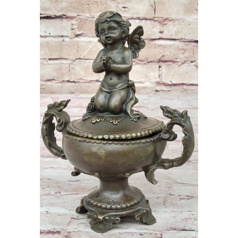 Handcrafted Baby Angel Praying Trinket Jewelry Box Bronze Sculpture Figurine