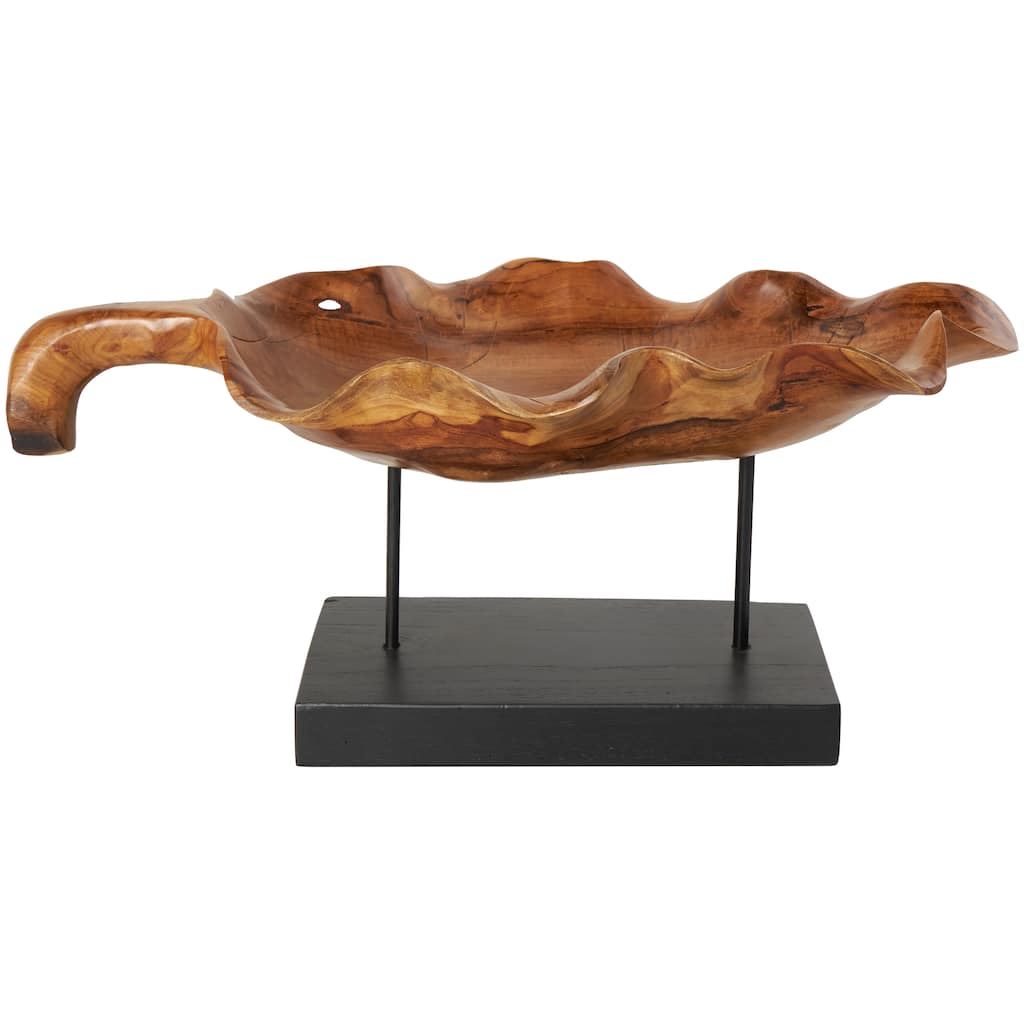 Teak Wood Leaf Floating Sculpture with Black Stand and Base - Brown - Roche River Decor - 11"W x 21"L x 10"H