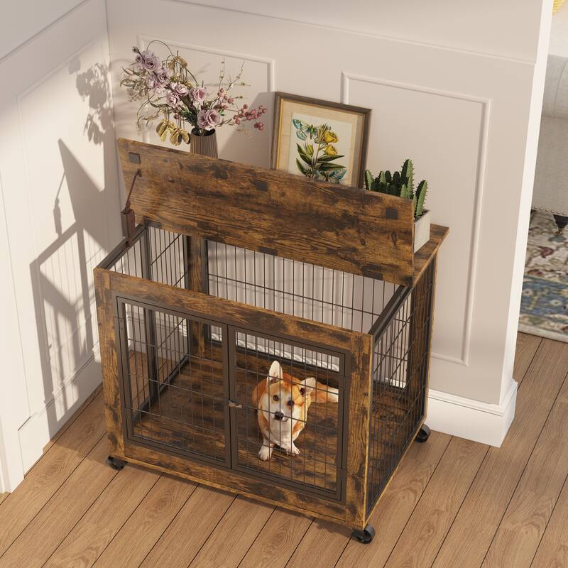 Modern Dog Crate Side Table on Wheels with Double Doors and Lift Top Dog House Dog Kennel