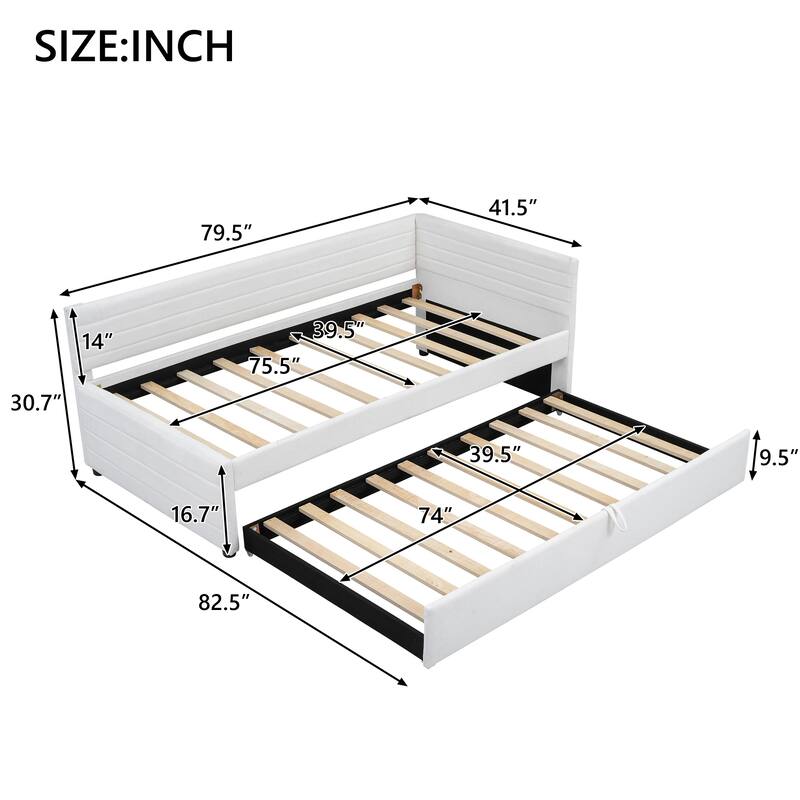 Twin Size Upholstered Daybed with Roll-Out Trundle, Space-Saving Wooden Frame, No Box Spring Needed