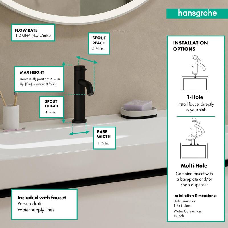 Hansgrohe 73314 Tecturis S 1.2 GPM Single Hole Bathroom Faucet with