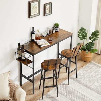 Rustic Brown 3-Piece Bar Dining Table Set with Wine Bottle Storage Rack