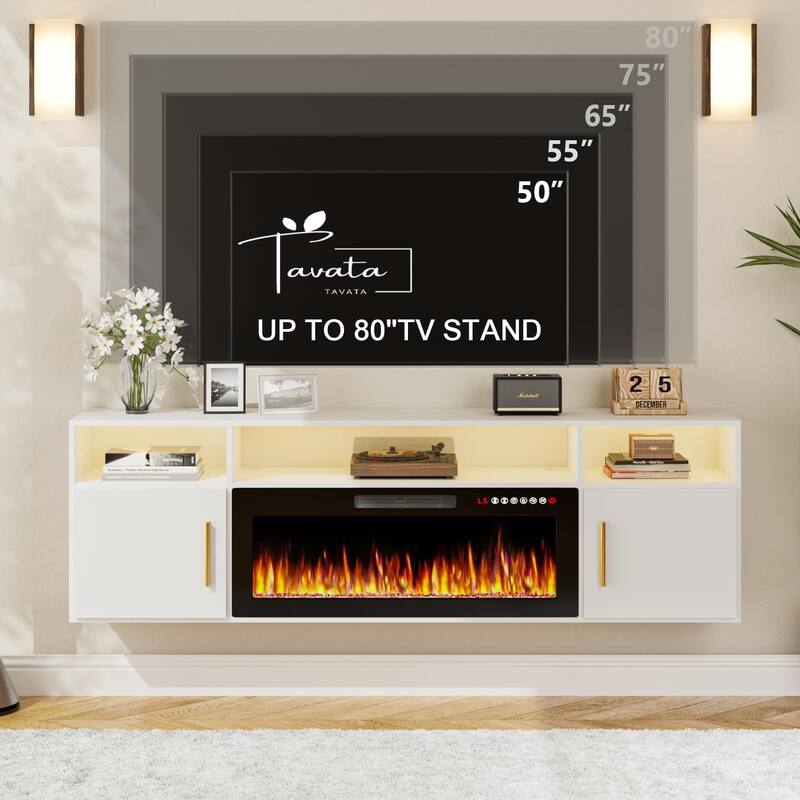 BOSSIN 70" Floating TV Stand with 36" Electric Fireplace, High Gloss Finish Wall Mounted Fireplace TV Stand with Storage