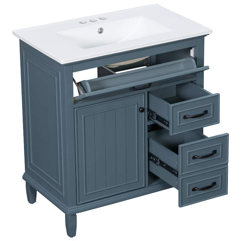 30 Inch Bathroom Vanity with Ceramic Sink Top, Flip Drawers, Freestanding Storage Cabinet (Faucet Not Included)