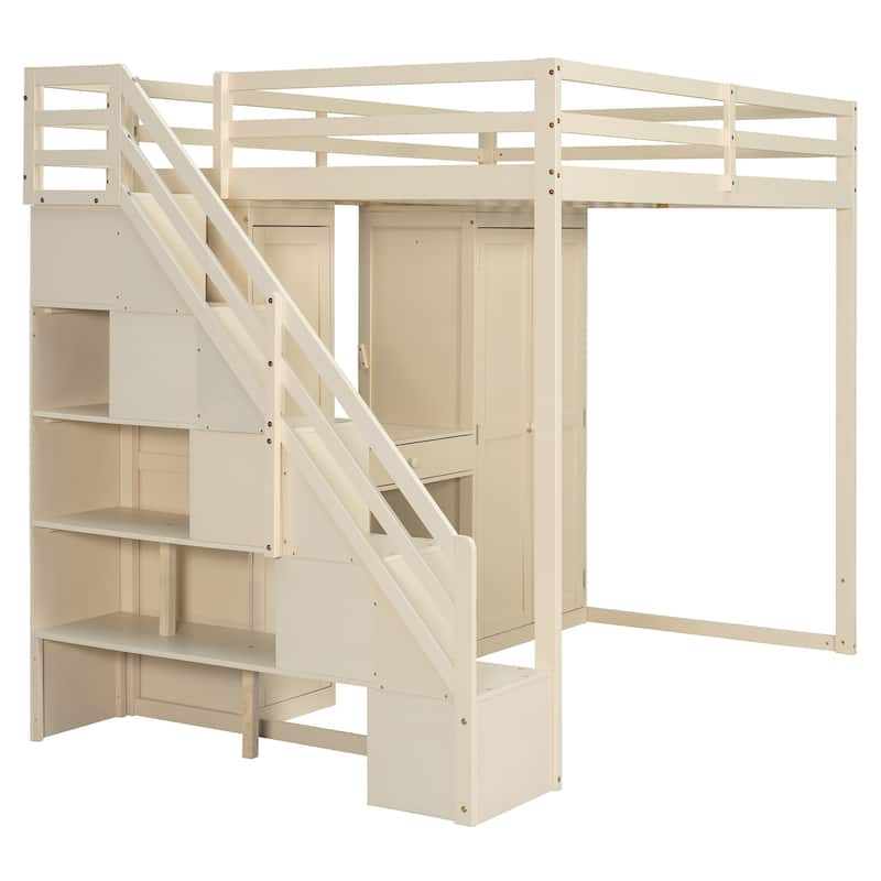 Full Size Loft Bed with Storage Staircase, Built-in Dressing Table, Mirror & Wardrobe - USB Charging & Lights