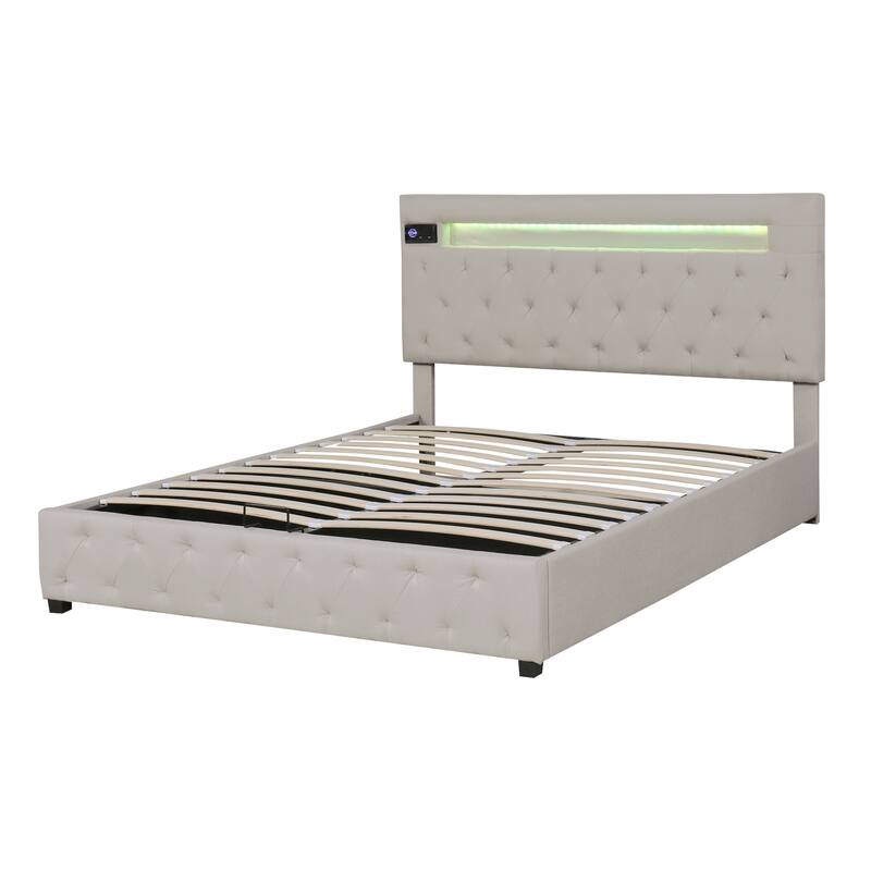 Linen Upholstered Platform Bed with Storage, Adjustable Headboard, LED