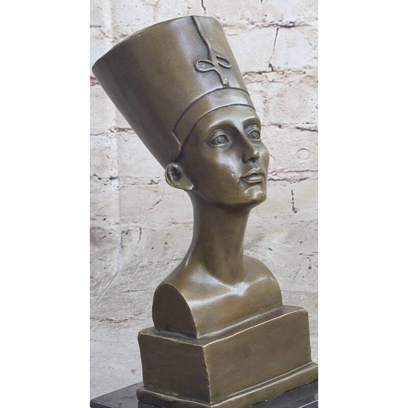 Egyptian Queen Nefertiti Bronze Bust Statue Sculpture Figure On Marble Base 10 Inchesx 5 Inches