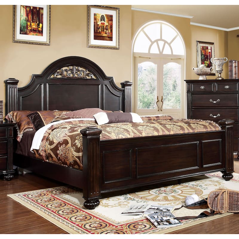 Furniture of America Vame Traditional Walnut Queen Wood Four Poster Bed - Dark Walnut
