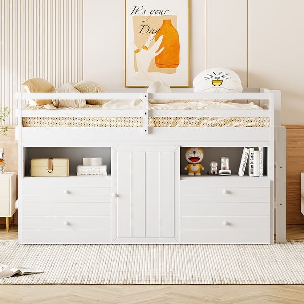 slide 2 of 14, Maximized Storage Space Wood Loft Bed with 4 Drawers, Underneath Cabinet and Shelves, Twin size, White