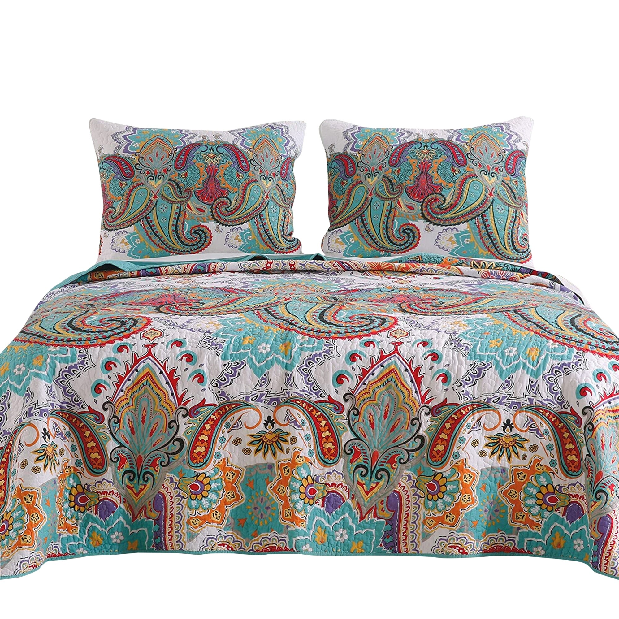 Teal White Paisley Printed Reversible Cotton Quilted Throw 