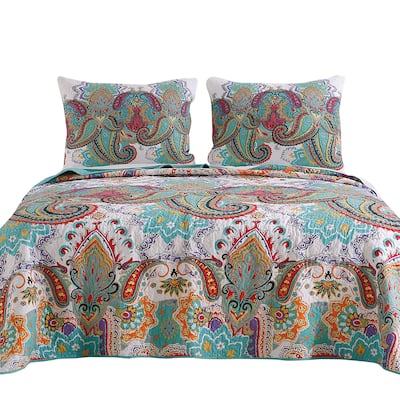 3 Piece King Size Cotton Quilt Set with Paisley Print, Teal Blue