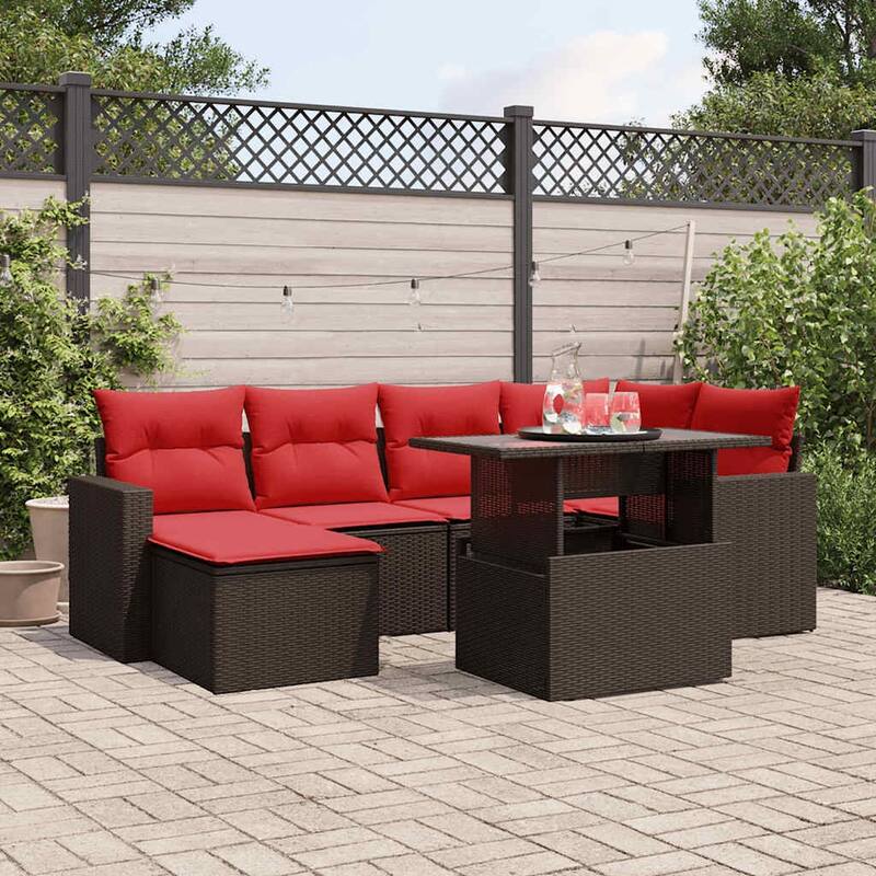 vidaXL Patio Sofa Set with Cushions and Table Outdoor 7 Piece Poly Rattan - Brown without storage