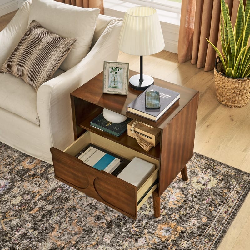 Walnut Mid-Century Modern Nightstand with USB Charging, Drawer & Open Shelf