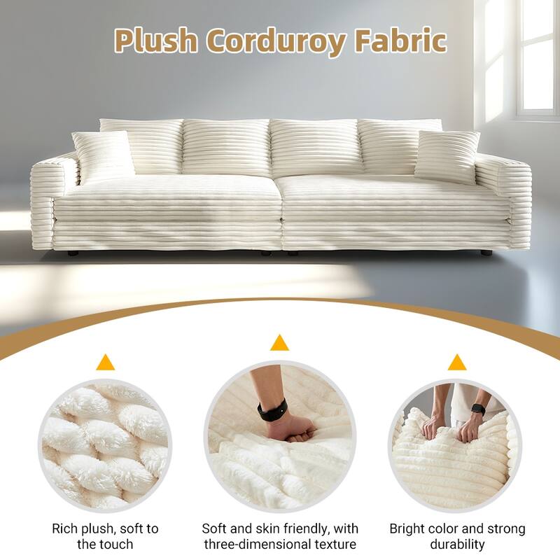 102.4 " Corduroy Modular Sofa, Modern Upholstered Sofa Cloud Couch, Deep Seat Couches w/ Pillows, Movable Ottoman for Apartment