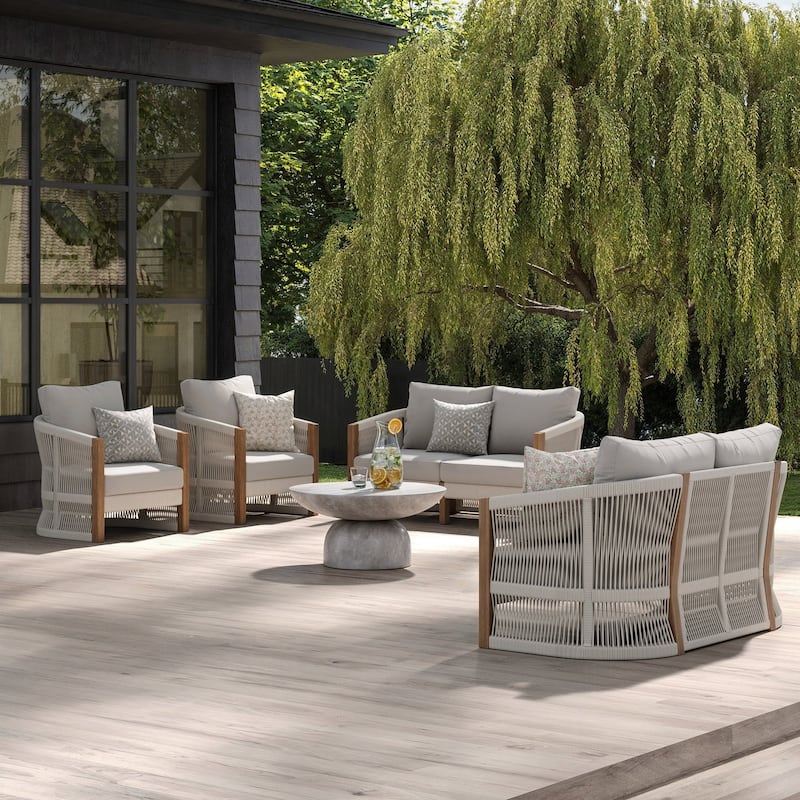 Jagger Farmhouse Patio Seating with Solid Acacia Wood Frame, Cushions, and Rope Accent - Gray/Light Brown - 2 Loveseats 2 Armchairs