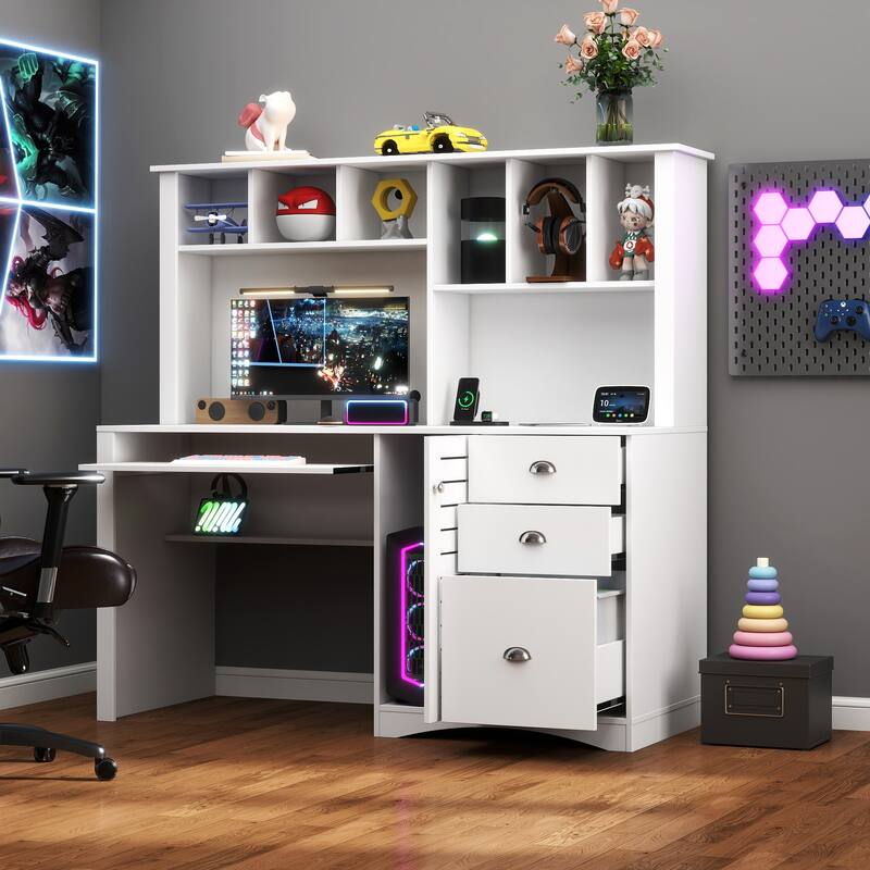 The Vintage Home Office Desk – Distressed White Finish with Integrated Hutch - White