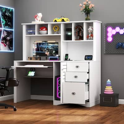 The Vintage Home Office Desk – Distressed White Finish with Integrated Hutch