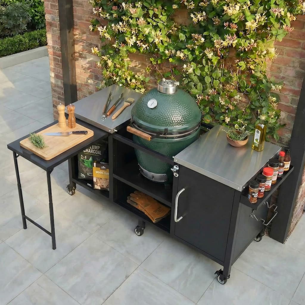 72.4" Metal Large Grill Table for Large Big Green Egg with Fold-out Prep Table, Adjustable Shelves, Spice Rack