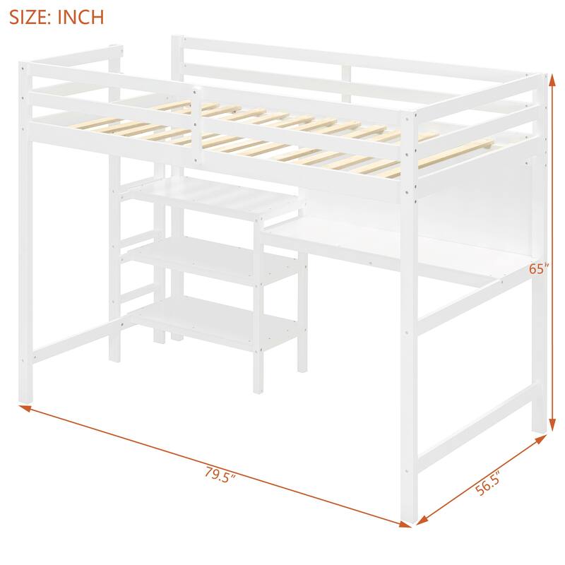 Twin Size Wooden Loft Bed with Built-In Desk, 3-Tier Shelves, Writing Board and Safety Guardrails, Space-Saving Design