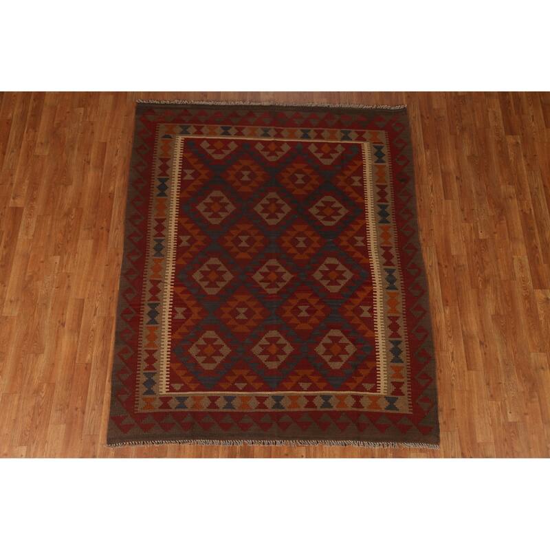 Tribal Geometric Kilim Area Rug Hand-woven Oriental Wool Carpet - 5'5" x 6'7"