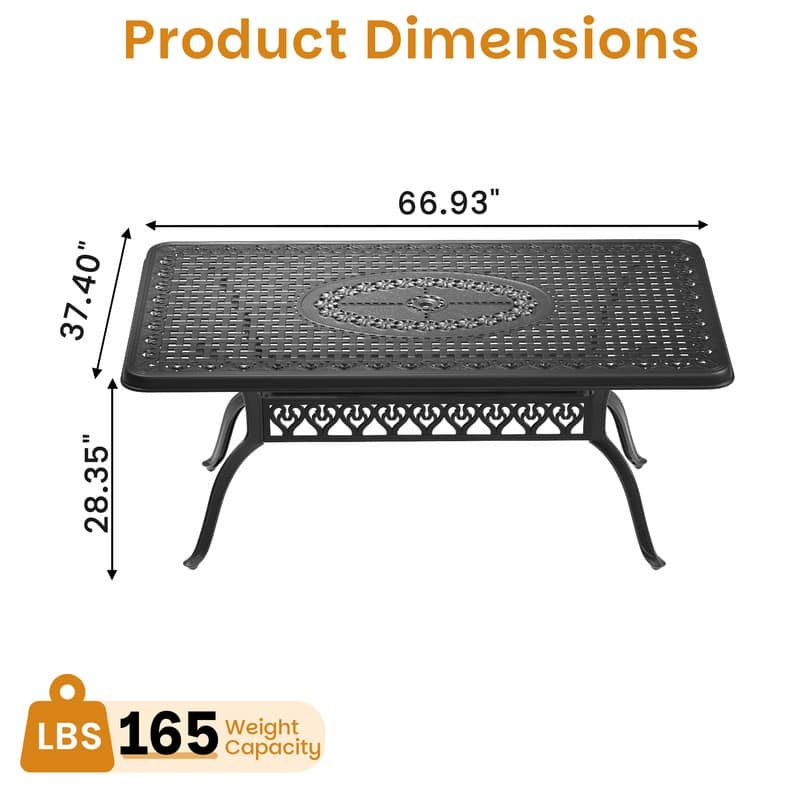 66.93" x 37.4" Outdoor Patio Rectangular Cast Aluminum Dining Table with Umbrella Hole for 6 Person