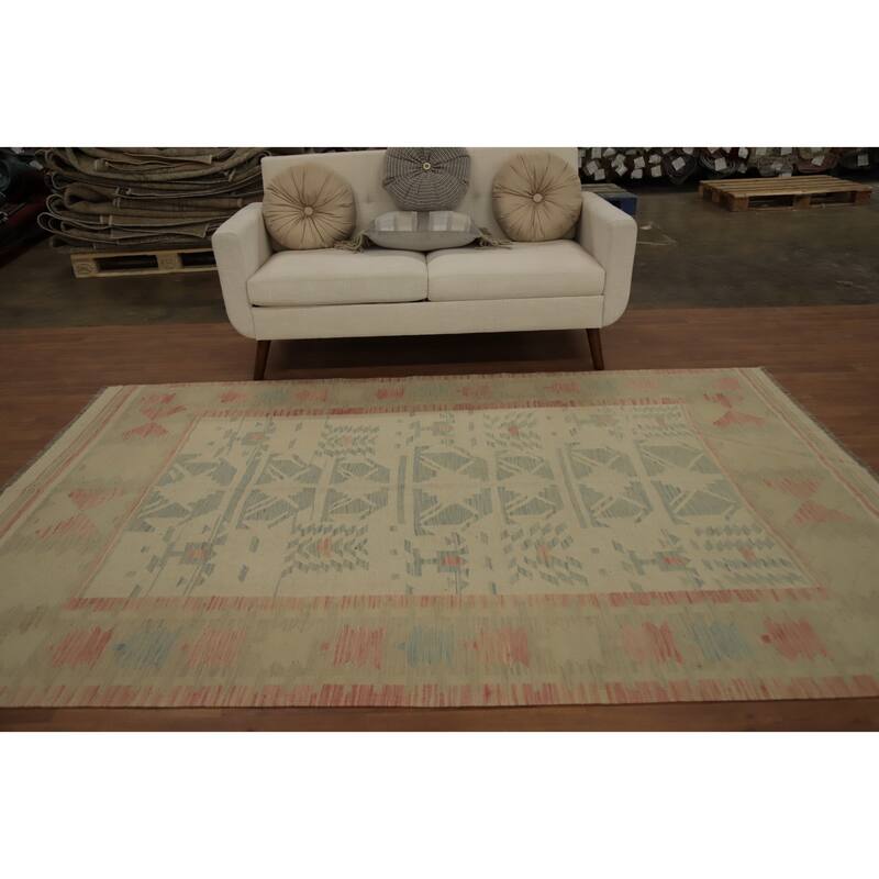 Hand Woven Oriental 100% Wool Carpet Southwestern Tribal Beige & Ivories Kilim Area Rug - 8' 11'' X 5' 10''