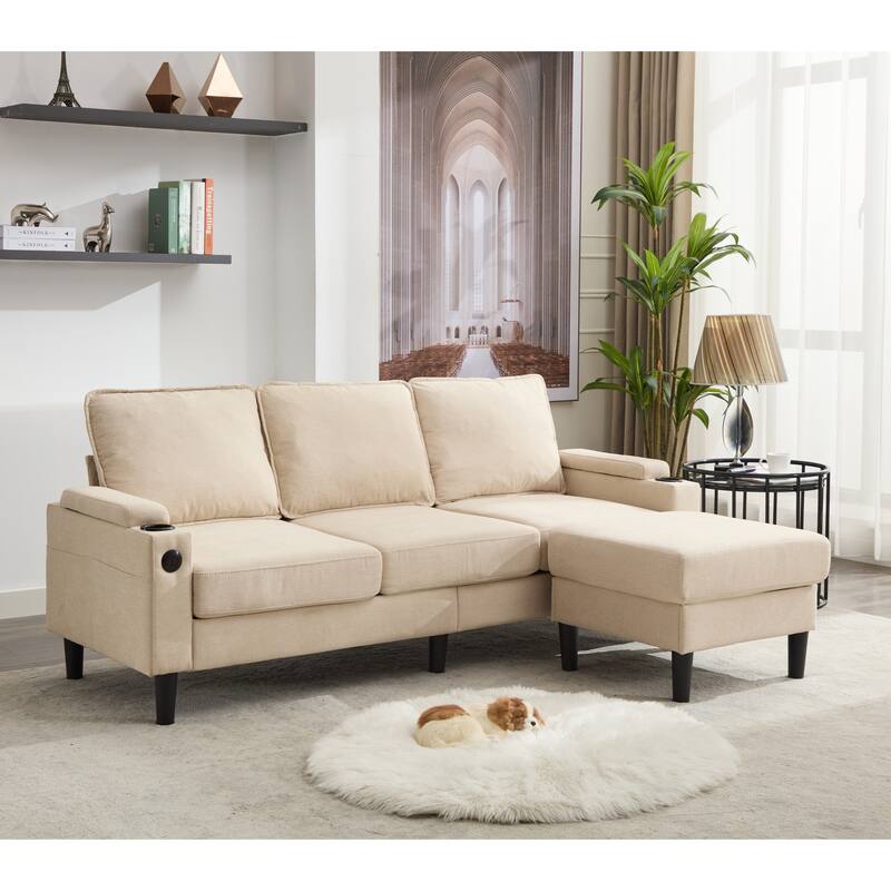 78" Fabric L-Shaped Sectional Sofa with USB, Ottoman & Magazine Bags (3-Seater)