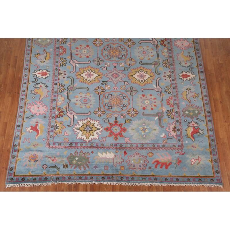 Transitional Blue Oushak Oriental Area Rug Handmade Floral Wool Carpet - 8'1"x 9'6"