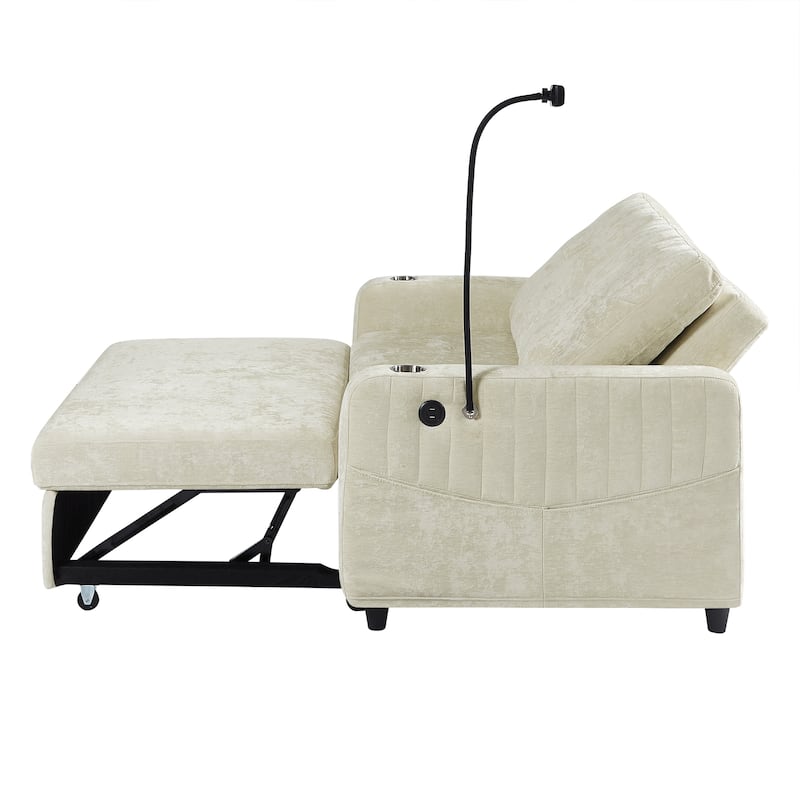 53.9" Chenille Convertible Loveseat with Pull-Out Bed, 3 USB Ports, and Smart Storage