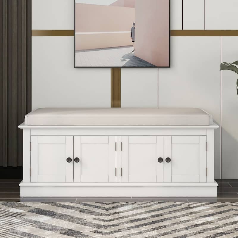 42.70" Modern Versatile Entry Upholstered Storage Bench with 4 Doors, Adjustable Shelves and Shoe Racks