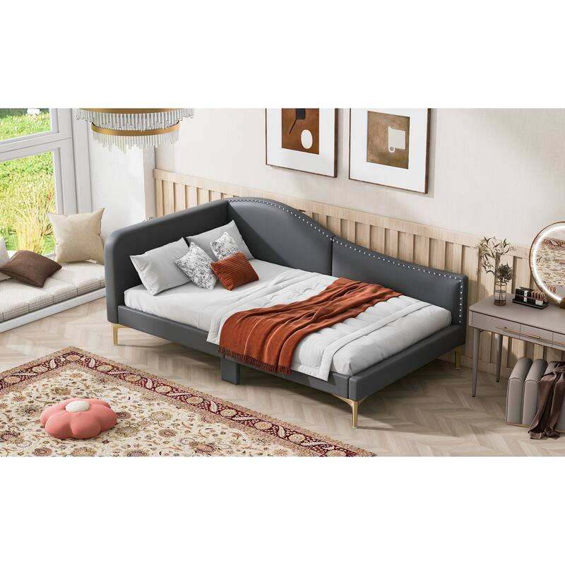 Twin Size Upholstered Daybed with Headboard, Armrest, and Support Legs in Grey