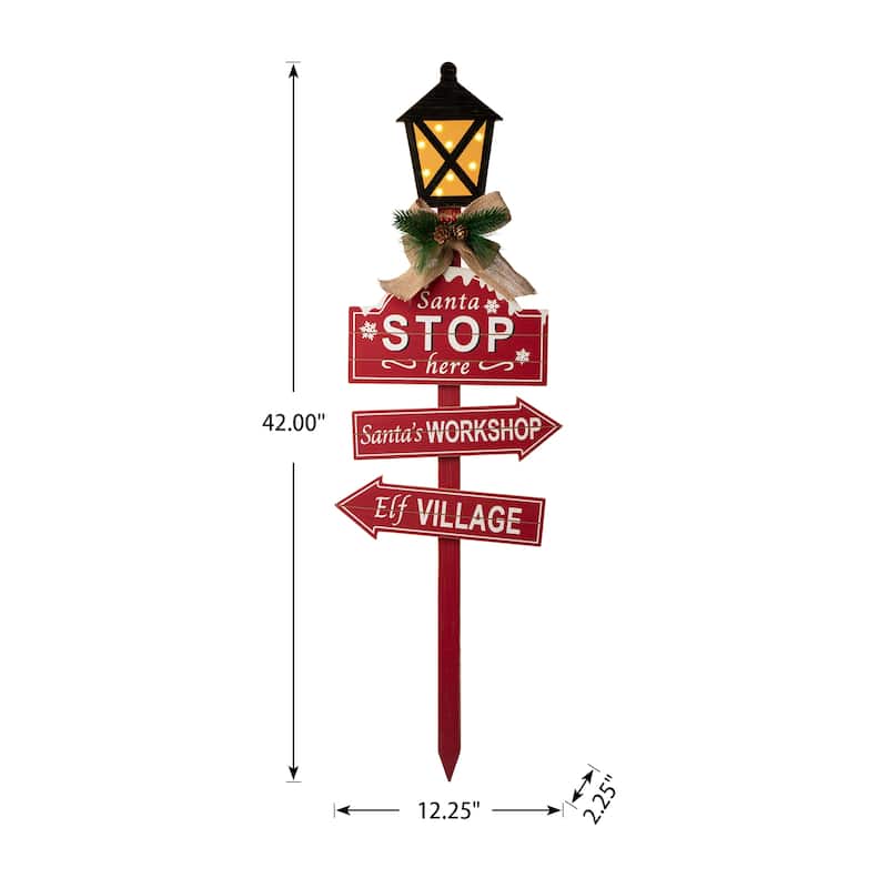 Glitzhome Christmas Lighted Wooden Santa Stop Here Yard Stake Outdoor Decor