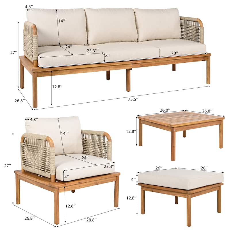 Roomfitters Outdoor 4-Piece Acacia Wood and Rope Patio Sofa Set with Coffee Table, Beige Cushions