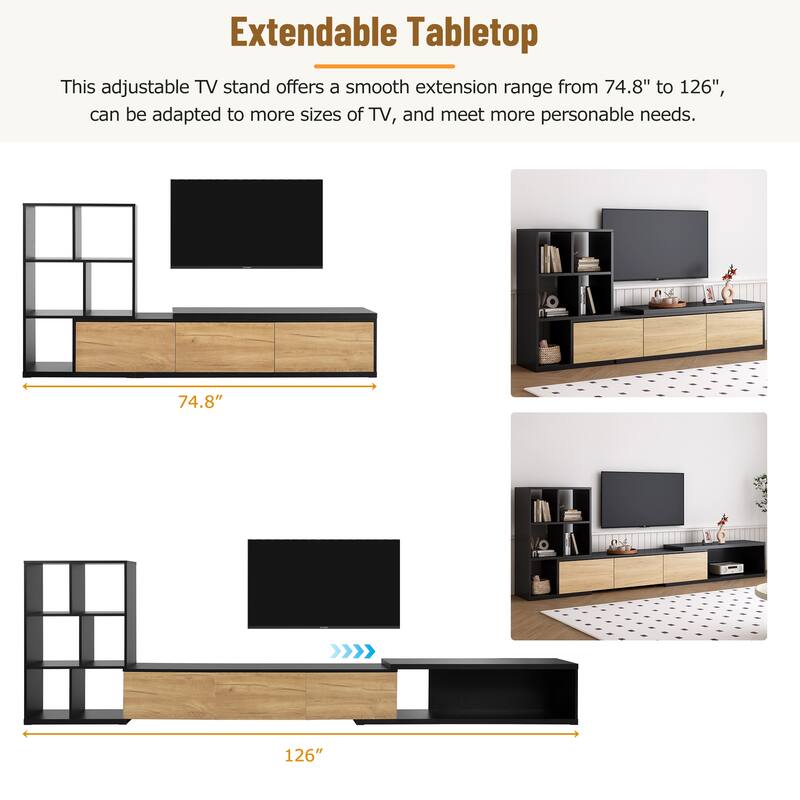 Extendable TV Stand with 3 Tier Bookshelves for TVs Up to 110'', Adjustable Entertainment Center, Sliding Tabletop Media Console
