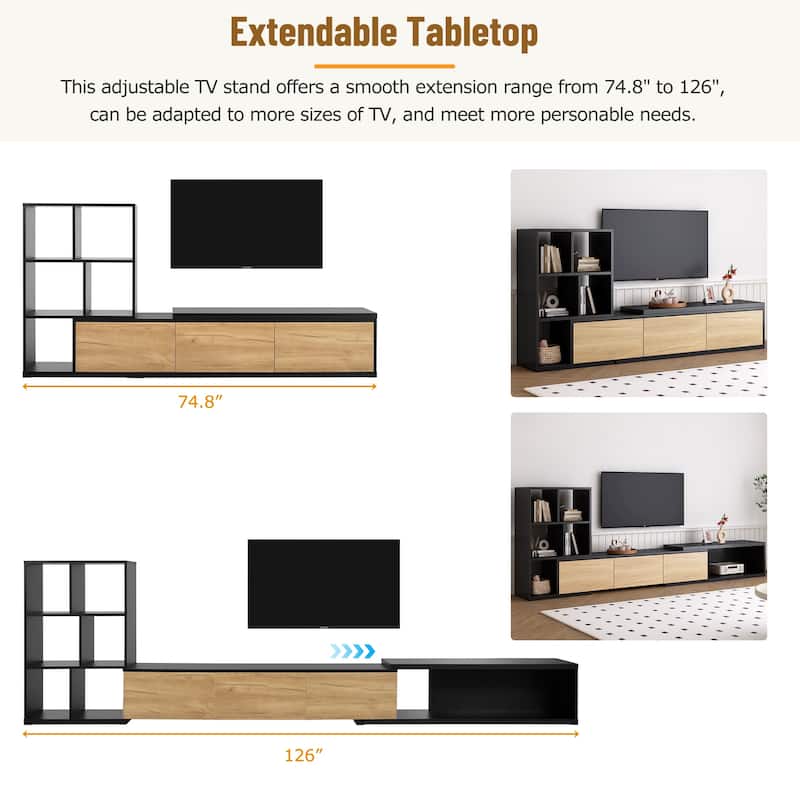 Modern Extended TV Stand with 3-Tier Bookshelves, Storage Cabinets and Sliding Tabletop, for Living Room, Black