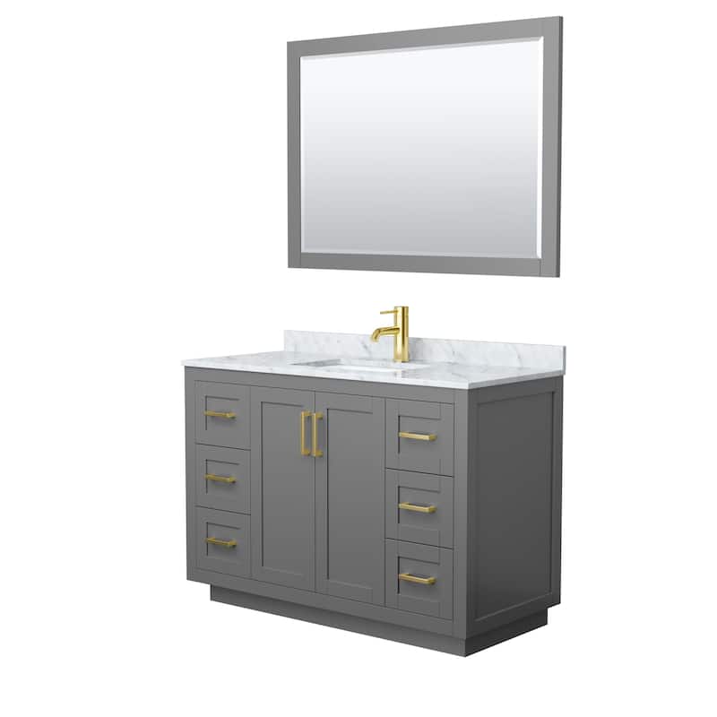 Miranda Single Vanity Set, White Carrara Marble Top, 46-Inch Mirror - 48-Inch Single - Dark Gray, Gold Trim, White Carrara Marble Top