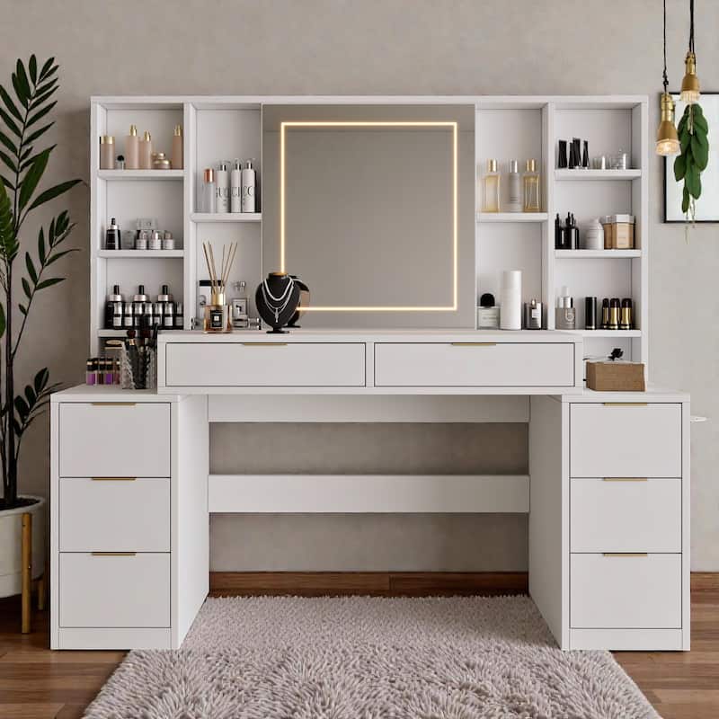 59" Makeup Vanity Desk with Mirror and LED Lights, White Dressing Table with 8 Drawers and Open Storage