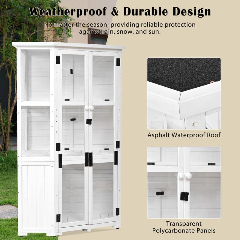 63'' Height Garden Wood Storage Cabinet Outdoor Tool Storage Shed, Mini Greenhouse Cold Frame