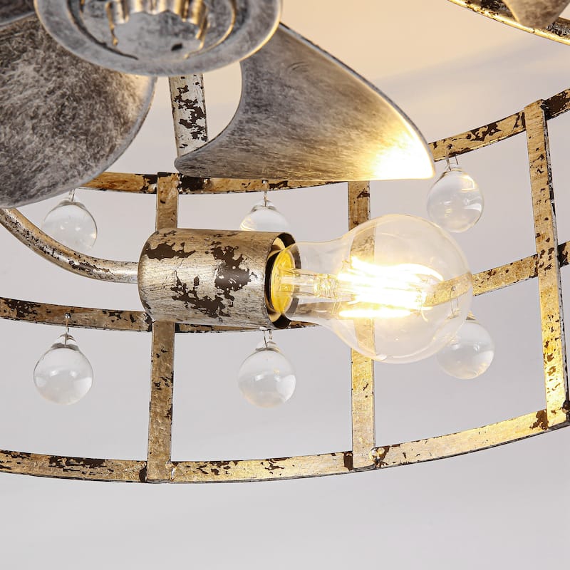 18-inch Distressed Silver Crystal Caged Low Profile Celing Fan Fandelier with Remote and APP Control