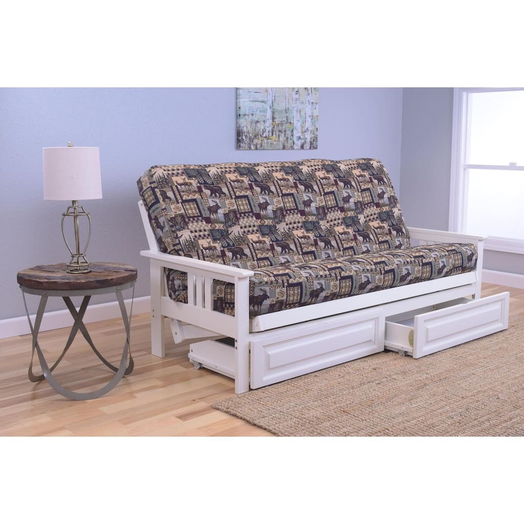 79 in. Antique White/Peter's Cabin Fabric Upholstered Full Size Futon Set with Mattress and Storage Drawers