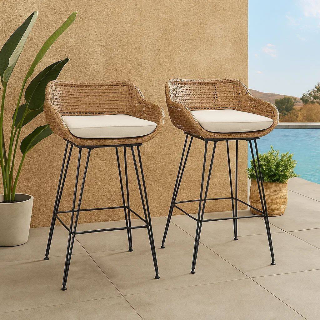 Outdoor Barstool Chair Set of 2, Beige Fabric, Brown Rattan, Black
