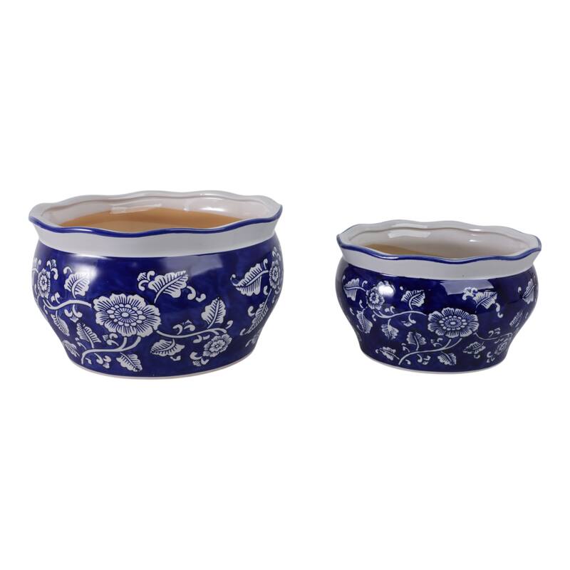 Stoneware Ceramic Chinoisere Planters with Scalloped Edges (Set of 2) - 12" x 12" x 7" - Blue/white