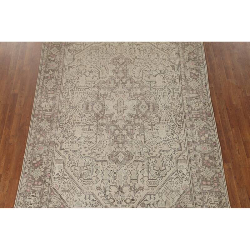 Distressed Beige Tabriz Persian Vintage Area Rug Handmade Wool Carpet - 6'7" x 9'6"