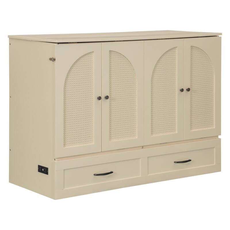 Full Size Murphy Bed Cabinet with Charging Station & A Large Drawer, Foldable Pull Out Wall Bed for Apartments, Bedrooms, Studio