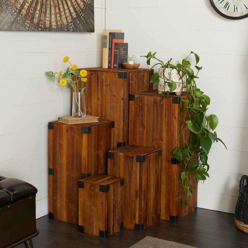 Wood Pillar Style Pedestal Table with Metal Corner Brackets - Set of 5 Brown - Roche River Decor - 16"W x 16"L x 36"H
