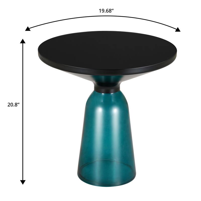 19-Inch Side Table Round Glass/Stone Tabletop End Table with Black Iron Rim and Glass Base